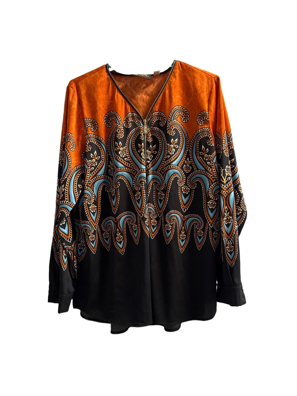 Bob Mackie wearable art. Women's Orange & Black Paisley Print V-Neck Blouse L